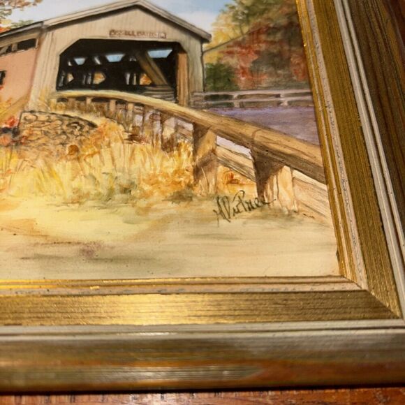 Framed Ceramic? Art Bissell Covered Bridge Charlemont Massachusetts New England - Picture 2 of 7